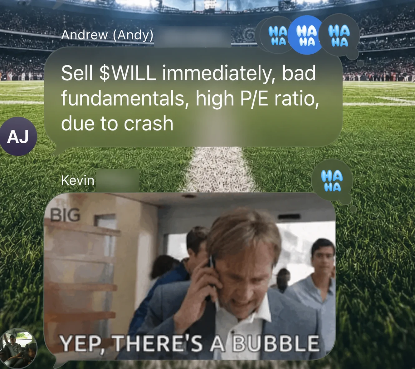 A cropped group chat exchange calling for $WILL to be sold immediately because of bad fundamentals and a high P/E ratio
