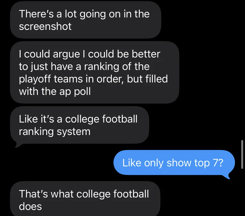 A chat thread reviewing the poll: too much going on in the screenshot, and a suggestion to publish only a top seven the way college football does