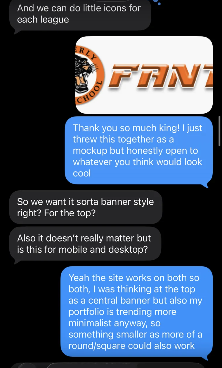 A chat thread containing a rough logo mockup built from a high school panther crest, and questions about whether the mark should be a banner and whether it is for mobile or desktop