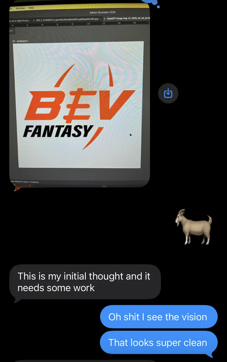 A chat thread showing a photo of a screen with the first BEV Fantasy lightning logo concept open in Adobe Illustrator