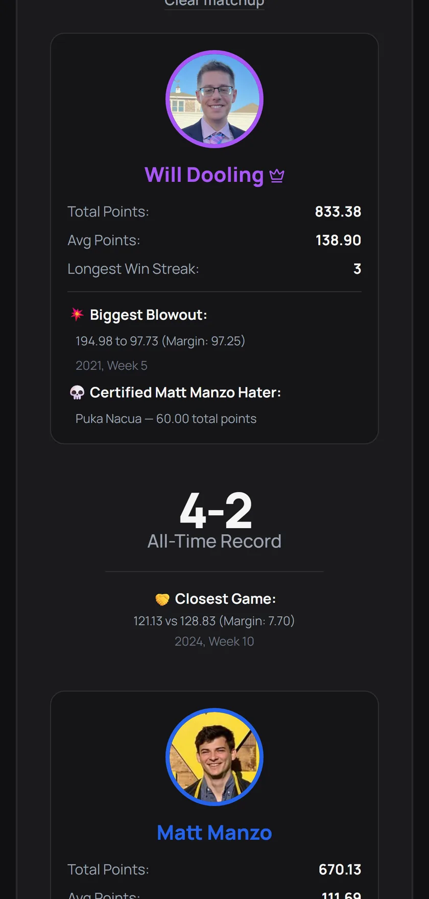 The head-to-head result on a phone, with one manager's card and stats filling the screen