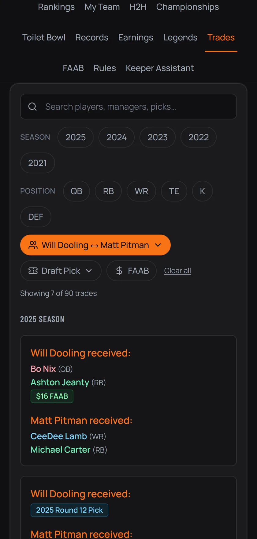 The trade filter bar on a phone, with season and position chips wrapped into rows above the results