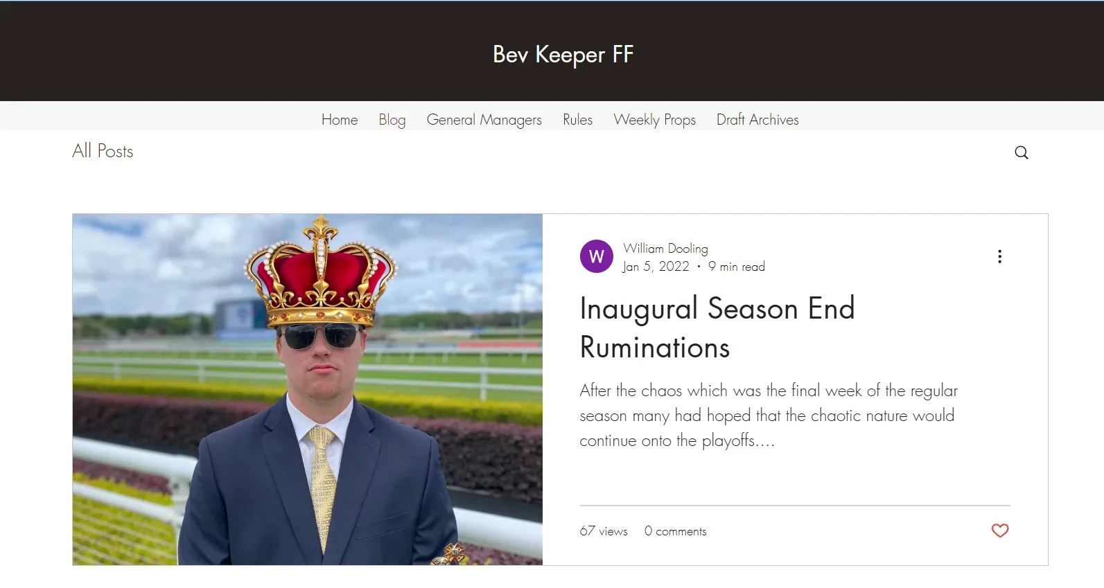 The original 2021 Bev Keeper fantasy football site, showing a simple blog post layout