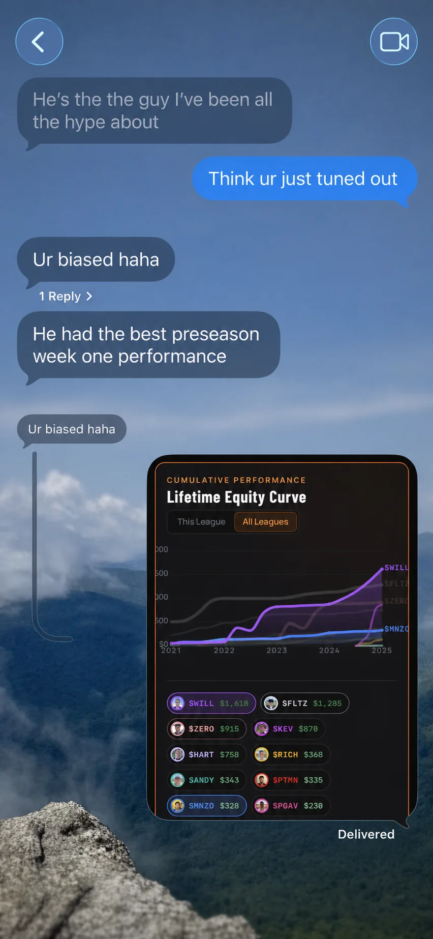 A privacy-edited group chat debating a preseason performance above a screenshot of the Lifetime Equity Curve