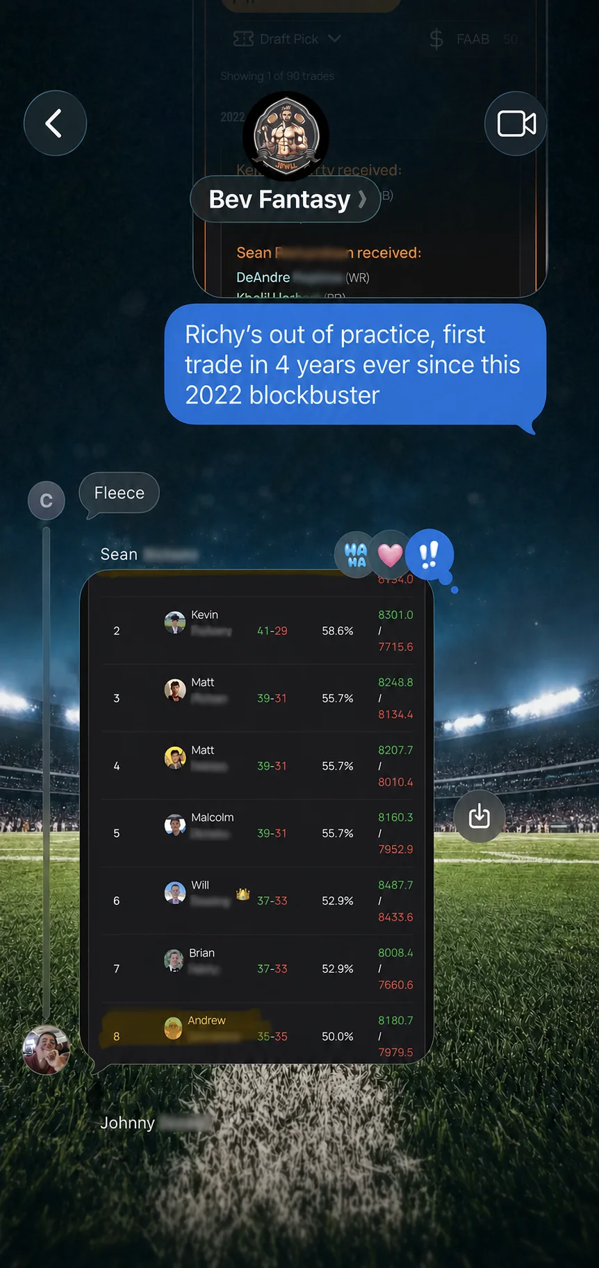 A privacy-edited group chat calling an old trade a fleece above a Bev Fantasy standings screenshot