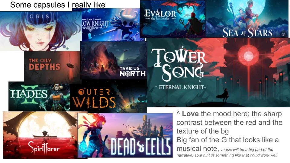 A mood board of game capsules selected for tone, contrast, typography, and atmosphere