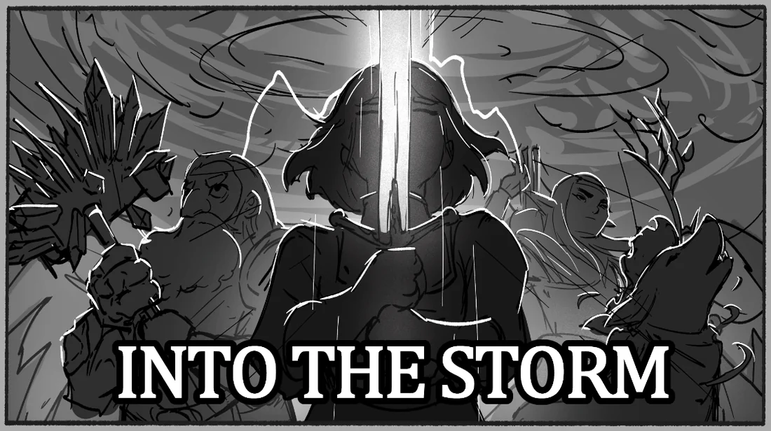 The final sketch with the central sword and the full party gathered around it