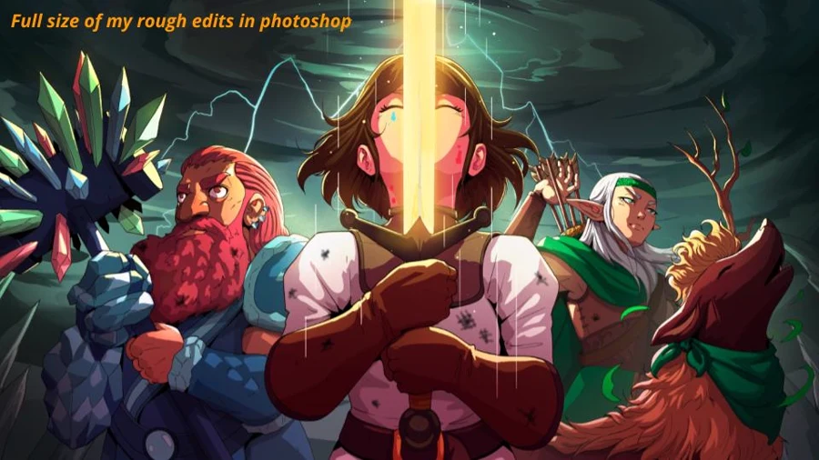 A rough Photoshop edit marking character and costume details on the color artwork