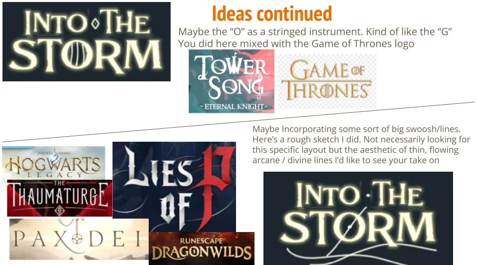 Logo references and a rough sketch exploring arcane, musical linework