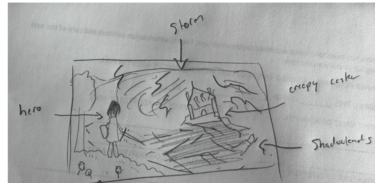 Will's pencil sketch of a lone hero facing a distant castle beneath a storm