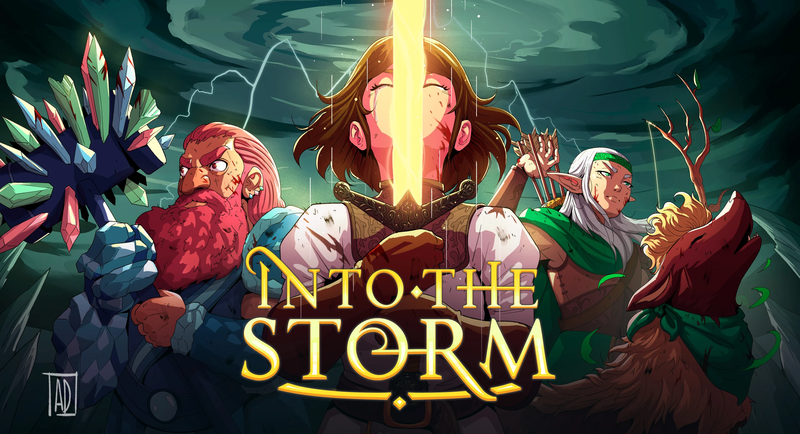 Into the Storm's finished capsule illustration and gold logo: five adventurers gathered beneath a glowing sword and a swirling storm