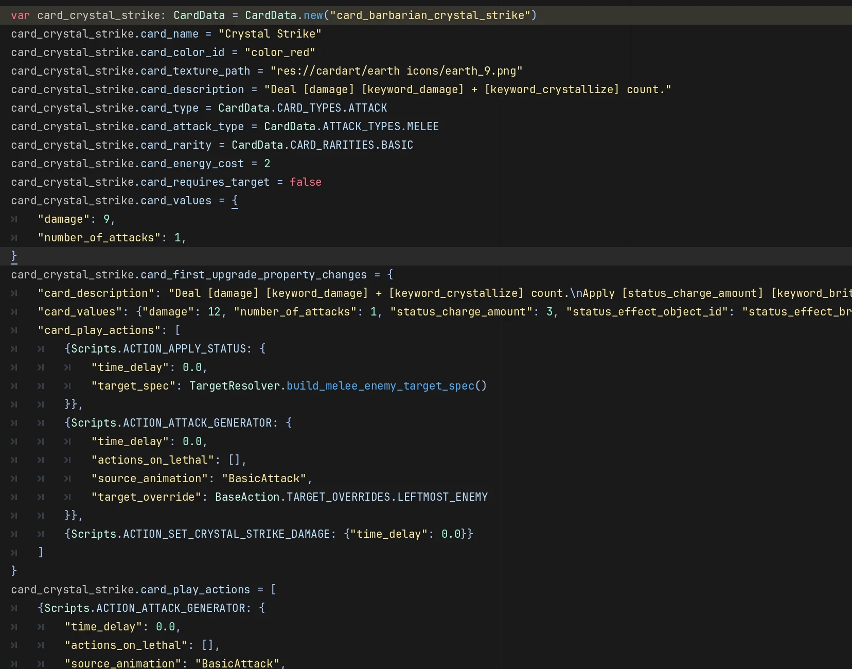 Raw GDScript defining a card: hardcoded strings and nested dictionaries for upgrade tiers and actions