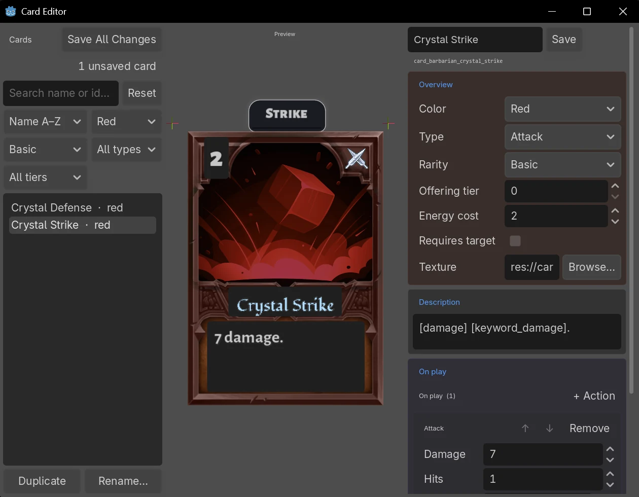 The Card Editor: a live card preview on the left next to editable fields for color, type, rarity, cost, description, and on-play actions on the right