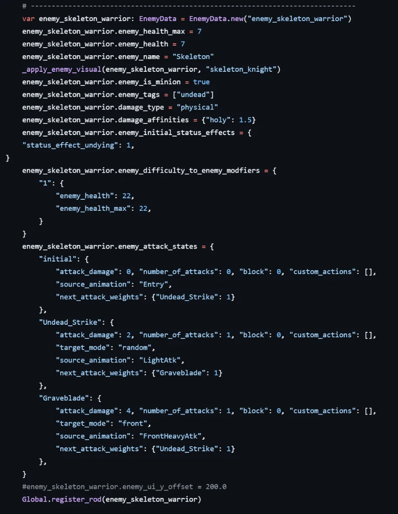 Raw GDScript defining a minion enemy: hardcoded stats and a nested dictionary of attack states
