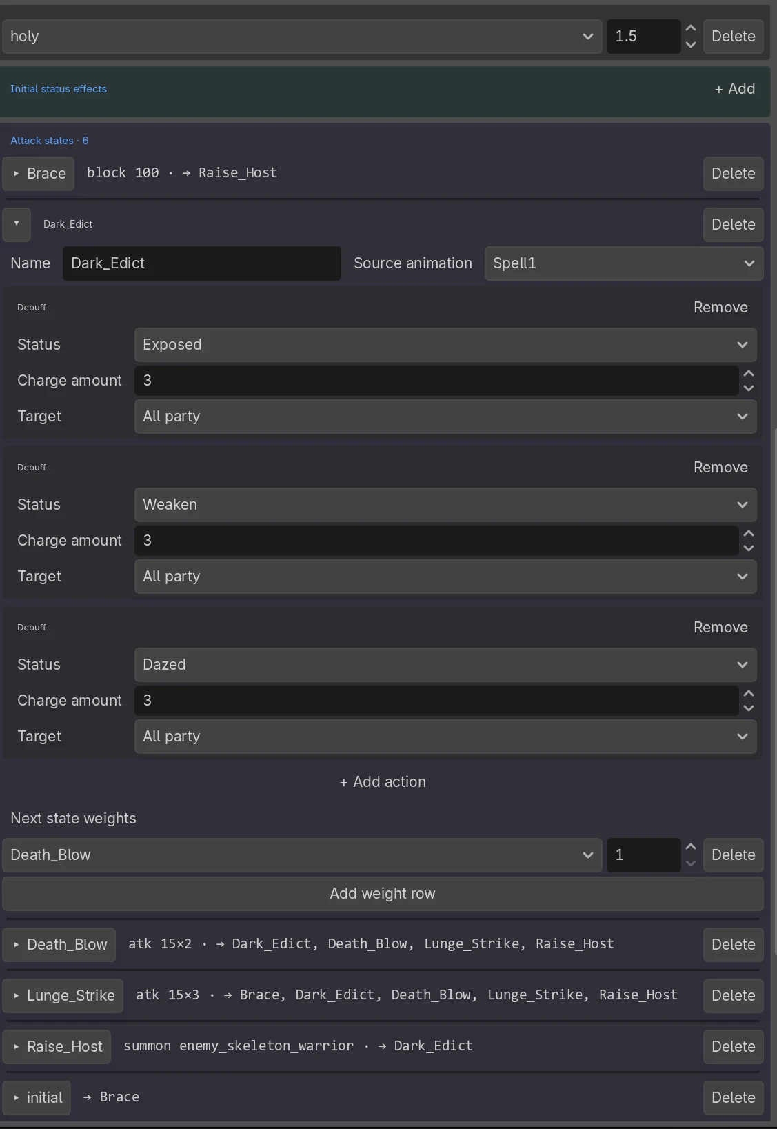 The Enemy Editor's attack-state machine, listing each state's damage, debuffs, and possible follow-up attacks